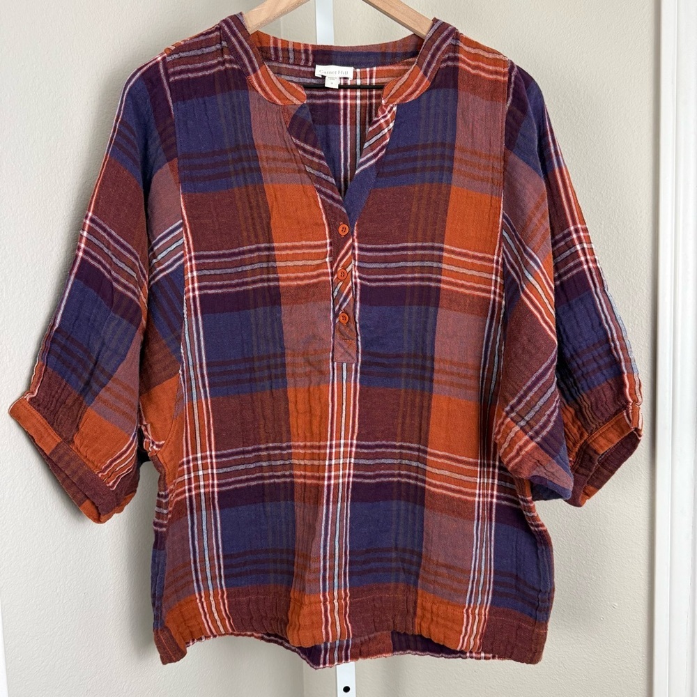 Garnet Hill‎ Organic Cotton Batwing Button Front Gauze Top Orange Purple Plaid 8 - Picture 2 of 8